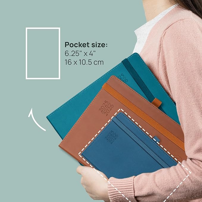 POPRUN Pocket Planner 2025-2026 (Purse Size 4'' x 6.25'') Academic Small Calendar (July 2025 - June 2026) with Hourly Time Slots, 100GSM Thick Papers, Leather Soft Cover - Black-DeskLoop Office