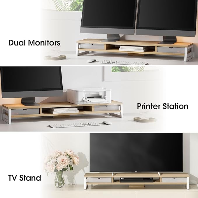 Fenge Dual Monitor Stand, Monitor Riser with Drawer, 42.5 Inch Large Computer Monitor Stand for 2 Monitors, 2 Tier Wooden Desk Shelf for Top of Desk-DeskLoop Office