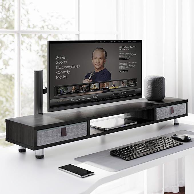 Fenge Dual Monitor Stand with 2 Drawers, 42.5 Inches Large Computer Riser for Desk, Adjustable Height Desk Shelf with Storage for Laptop, PC, TV, Printer-DeskLoop Office