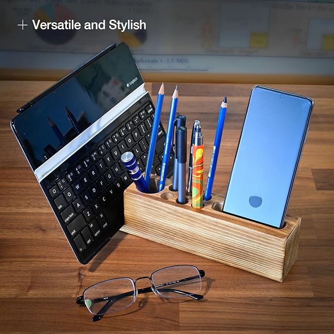 Hoffenwell Wooden Desk Organizer with Phone Holder – Stylish & Functional Book, Pen and Cell Phone Charging Stand - Solid Wood Pen Holder for Desk-DeskLoop Office