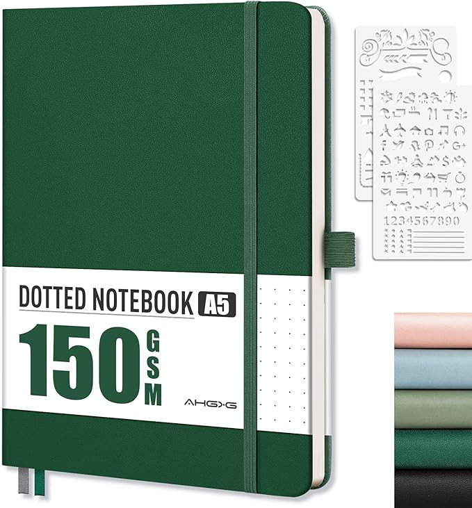 AHGXG Bullet Dotted Journal - 150 GSM Dot Grid Notebook Journal, Thick Acid-Free Paper, A5 Dotted Notebook 128 Pages, Leather Hardcover, Inner Pocket, Journal Stencil, 5.7'' × 8.3'' - Green-DeskLoop Office