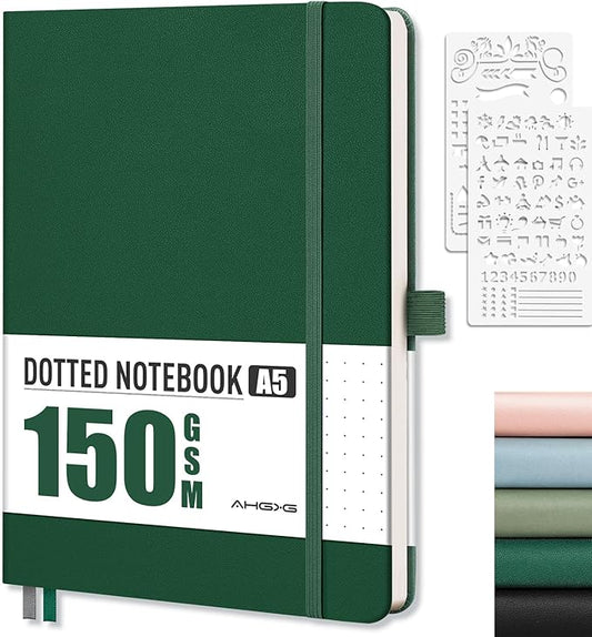 AHGXG Bullet Dotted Journal - 150 GSM Dot Grid Notebook Journal, Thick Acid-Free Paper, A5 Dotted Notebook 128 Pages, Leather Hardcover, Inner Pocket, Journal Stencil, 5.7'' × 8.3'' - Green-DeskLoop Office