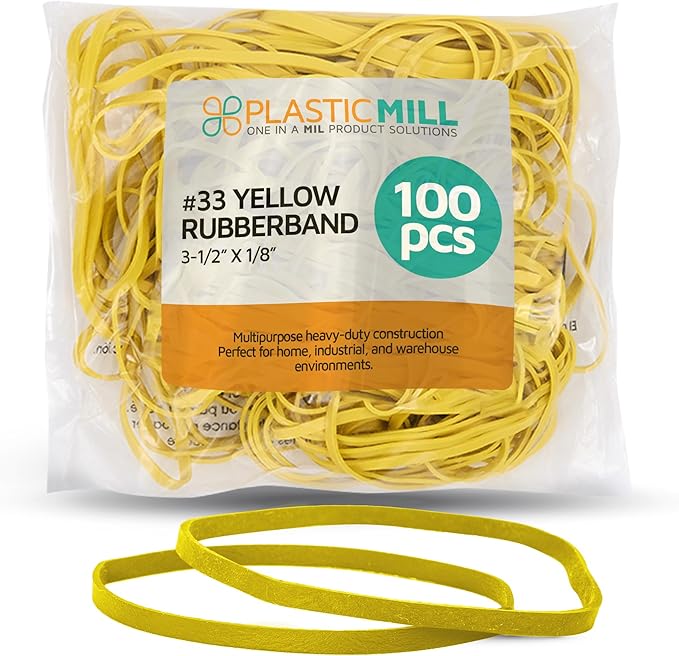 Plastic Mill Rubber Bands Thick Size #33 | Yellow Durable RubberBands 100 Count /pack | 3 1/2 x 1/8" Multi-Purpose Band | Elastics large Long Rubber for Office Supply, File Folders, box, Books, gifts, Notebook|-DeskLoop Office