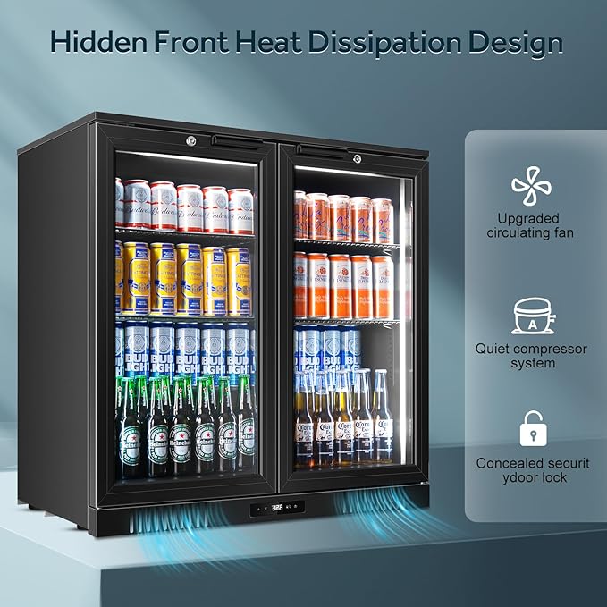 Tylza Back Bar Cooler With 2 Glass Doors, 7.2 Cu.Ft Under Counter Back Bar Refrigerator with LED Lighting, Safety Locks, Counter Height Bar Beverage Cooler for Beer, Soda Drinks, Wine, Black-DeskLoop Office