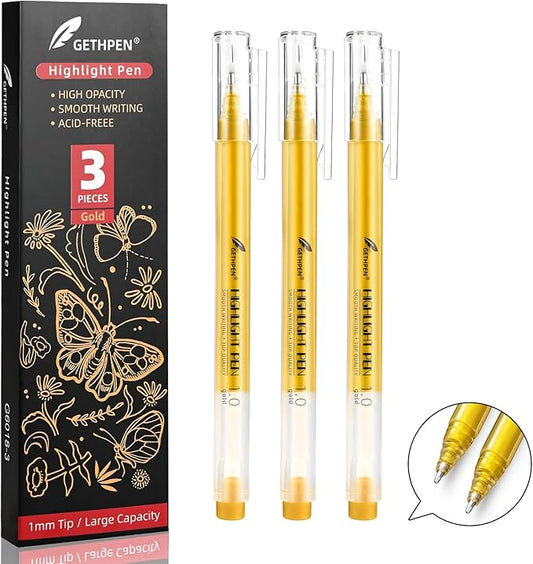 Gold Gel Pens, 1.0 mm Extra Fine Point Gel Ink Pens, Opaque Gold Archival Ink Pens for Black Paper Drawing, Sketching, Card Making, White Gel Pen for Artists Drawing, 3 Pack-DeskLoop Office