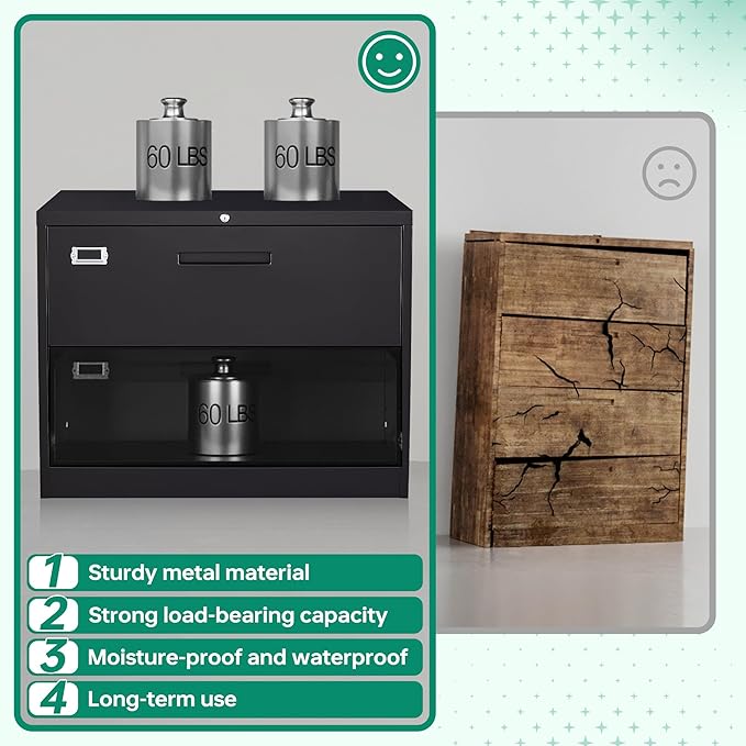 Letaya Metal Lateral File Cabinets with Lock,2 Drawer Steel Wide Filing Organization Storage Cabinets,Home Office Furniture for Hanging Files Letter/Legal/F4/A4 Size (Blcak-2 Drawer)-DeskLoop Office