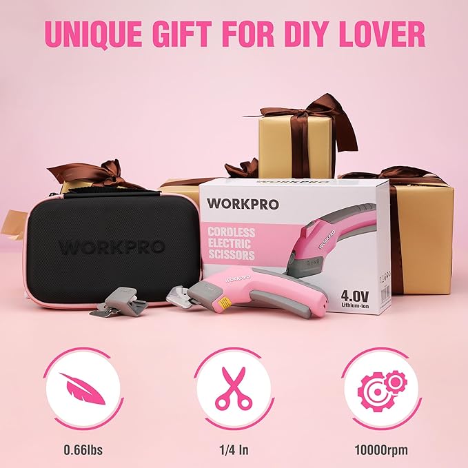 WORKPRO 4V Cordless Electric Scissors With 2 blades, Fabric, Leather, Carpet and Cardboard Cutter, 2000mAh Rechargeable Powerful shears with Storage Case-DeskLoop Office