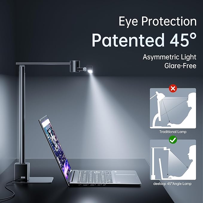 deeloop 2-in-1 LED Desk Lamp or Clamp with USB Charging for Home Office, CRI 95+ for Sunlight-Like Spectrum, 45° Asymmetric Glare‑Free Light, Memory Dimming Desk Light, Full‑Angle 3‑Axis Office Lamp-DeskLoop Office