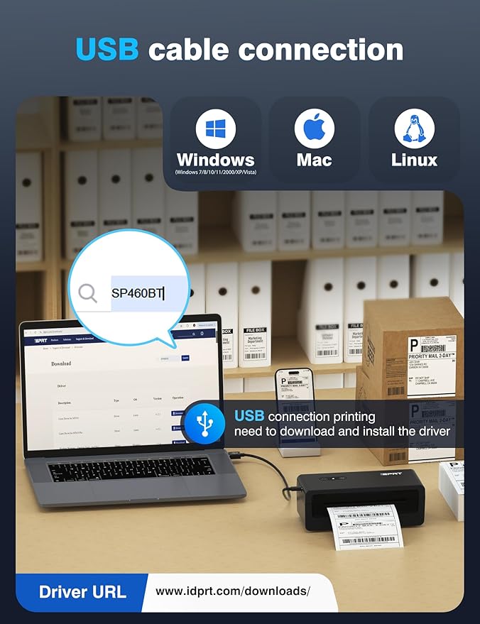 iDPRT Shipping Label Printer 4x6 Bluetooth Thermal Label Printer for Small Business and Shipping Package, Support Android, iPhone, Windows, macOS, Widely Used for Amazon, Shopify, Ebay-DeskLoop Office