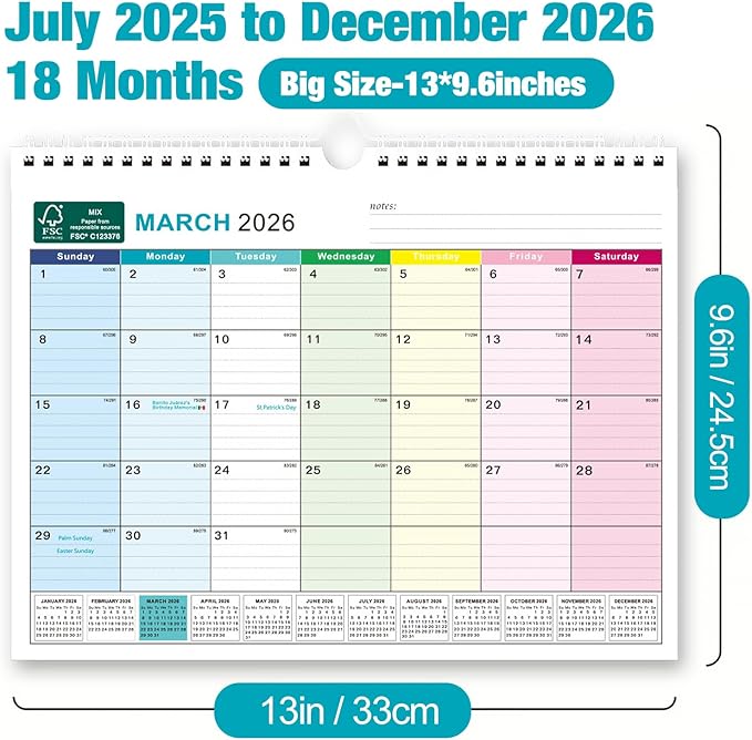 BOCT Wall Calendar 2025-2026 - Includes July 2025 to December 2026-18 Monthly Daily Planner 13 x 9.6 Inches, Julian Dates for New Year Christmas Gifts-DeskLoop Office