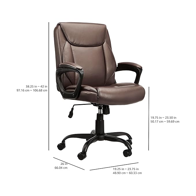 Amazon Basics Classic Puresoft PU Padded Mid-Back Height Adjustable Office Computer Desk Chair with Armrest, 25.75"D x 24.25"W x 42.25"H, Brown-DeskLoop Office