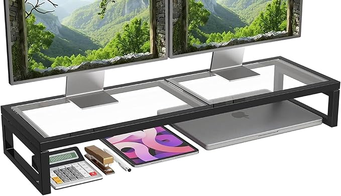 Simple Trending Dual Monitor Stand Riser, Tempered Glass Computer Desk Organizer with Mouse Pad for Laptop, iMac, TV, Black-DeskLoop Office