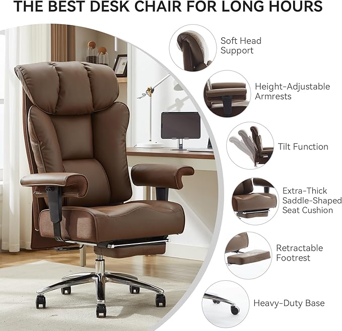 Big and Tall Ergonomic Office Chair 450LBS with Foot Rest, High Back PU Leather Executive Chair with Adjustable Padded Armrests, Lumbar Support for Home or Work, Heavy Duty Computer Chair, Brown-DeskLoop Office
