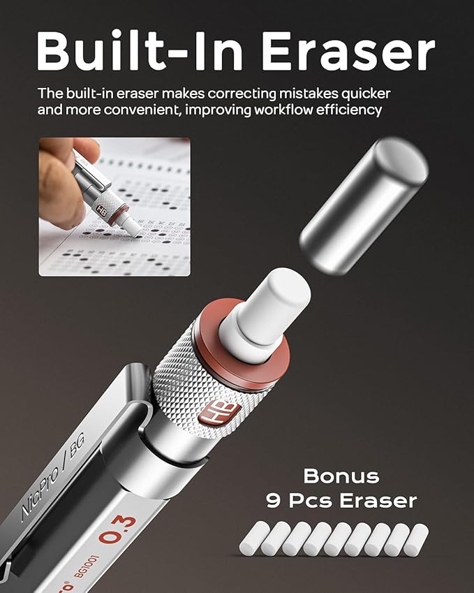 Nicpro Blocky Gear 0.3 mm Mechanical Pencils Set in Case, Metal Pencil with Lead Refills, Eraser for Professional & Adult Art Writing Drafting Drawing-DeskLoop Office