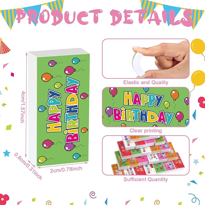 100 Pcs Happy Birthday Erasers Bulk Mini Erasers for Classroom Fun Assortment Birthday Gifts for Back to School Teacher Reward Party Supplies, 8 Styles, 1.6 Inch-DeskLoop Office