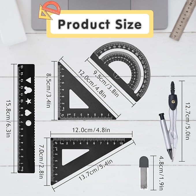6 Pcs Metal Geometry Set, Math Geometry Kit, Metal Ruler Set and Compass Geometry Tool, Rulers Protractor and Compass Set for Student School and Drawings Supplies (Black)-DeskLoop Office