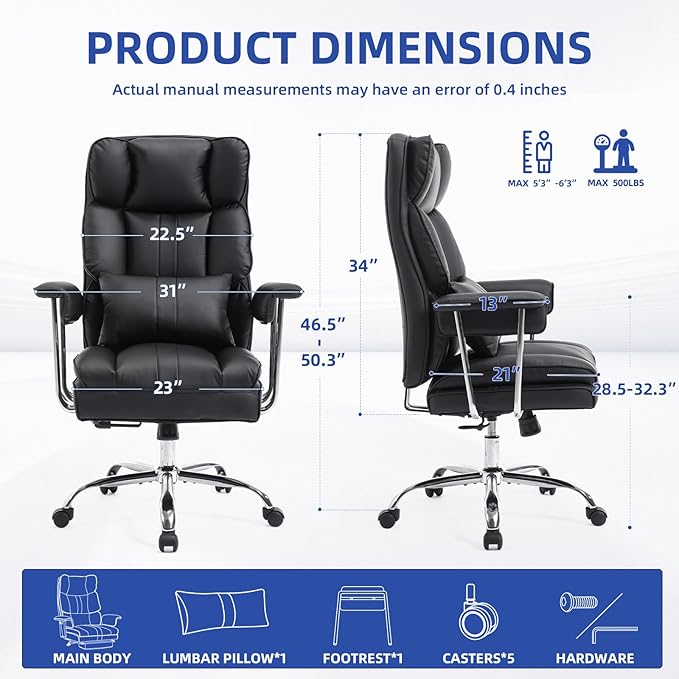 Big and Tall Office Chair 500lbs Wide Seat Executive Office Desk Chair High-Back Office Task Chair, Ergonomic Lumbar Support Computer Office Chairs for Heavy People(Black)-DeskLoop Office