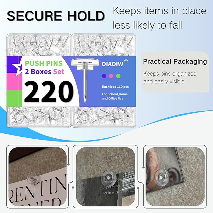 220 PCS Flat Clear Push Pins for Wall Thumb Tacks for Walls Flat thumbtacks Push pin for Bulletin Board Shadow Box Display Thumbtack for Cork Board (2 Boxes Clear)-DeskLoop Office