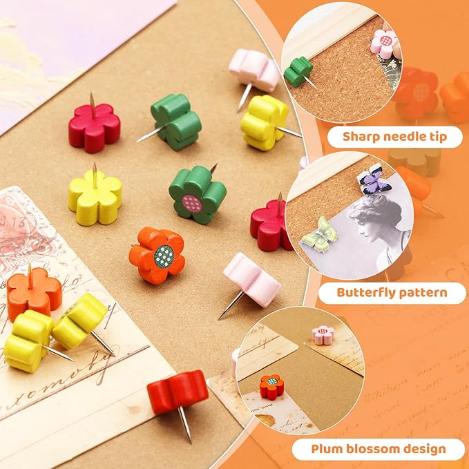 80 Pcs Push Pins for Cork Board, Decorative Thumb Tacks Wooden Push Pins Head Pin Wood Map Tacks Pin, Wood Thumb Tacks for Bulletin Boards Craft Projects with Storage Box-Flower and Butterfly-DeskLoop Office