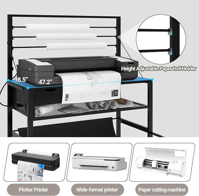 Natwind Wide Format Printer Stand, Plotter Workbench Table with Pull-Out Drafting Storage, Roll Paper Holder, Accessory Drawer, Adjustable Storage Shelf for Plotters and Cutting Machines (Black)-DeskLoop Office