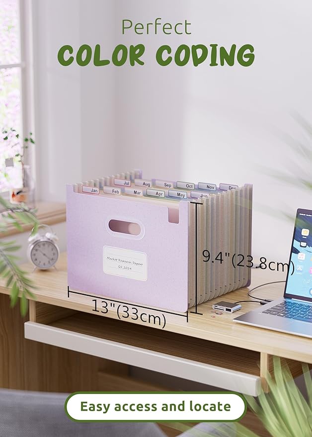 Accordion File Organizer, 12 Pockets Wheat Straw Expanding File Folders, Upright&Open Top, Monthly Bill Receipt Organizer, 100% BPA Free,Return to Nature,Healthy Living, Letter/A4 Size-Lavender Purple-DeskLoop Office