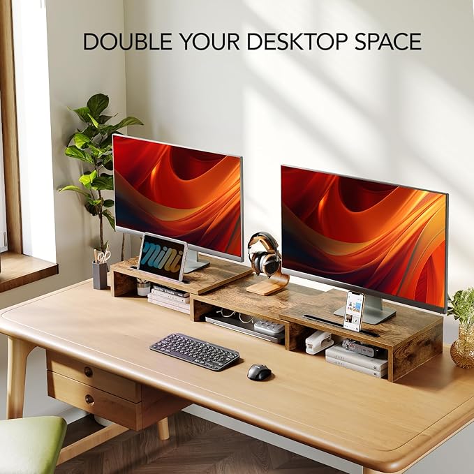 AMERIERGO Dual Monitor Stand Riser- 3 Shelf Screen Stand with Adjustable Length and Angle, 2 Extra Functional Slot Desktop Organizer Stand for PC, Computer, Laptop (Rustic Brown)-DeskLoop Office