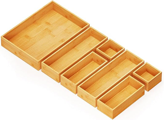 SpaceAid 7-Piece Bamboo Drawer Organizer Storage Boxes Set, Wood Tray Junk Drawer Organizers Multi-Use Divider Bins for Kitchen, Bathroom, Office Desk and Makeup Organization (7 Pack, Natural)-DeskLoop Office
