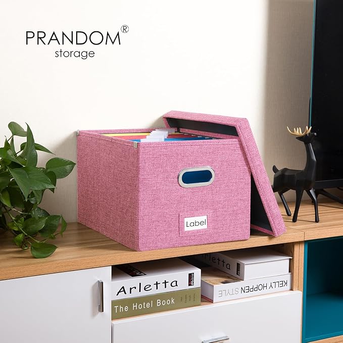 PRANDOM File Organizer Box - Set of 2 Collapsible Decorative Linen Filing Storage Hanging File Folders with Lids Office Cabinet Letter/Legal Size Pink (17x14x11.2 inch)-DeskLoop Office