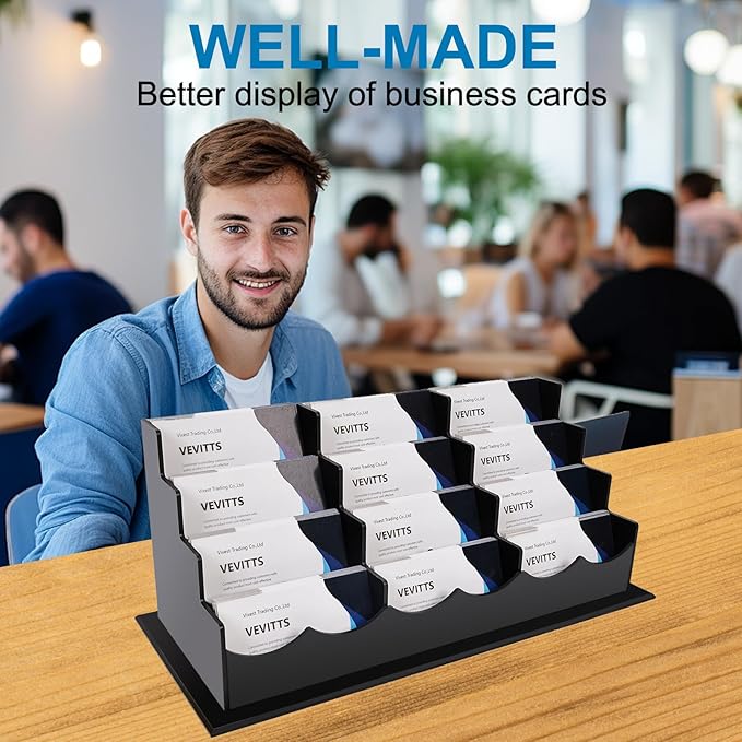 Business Card Holder, Acrylic Business Card Display, Clear Desktop Business Card Stand for Exhibition, Home & Office Black 4 Tiers 12 Slots-DeskLoop Office