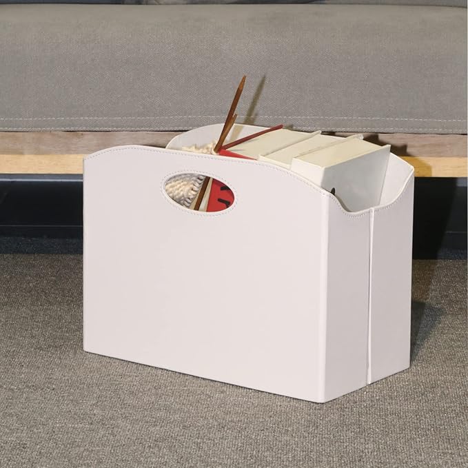 EZDeco Magazine Holder Foldable Magazine Rack Floor PU Leather File Holder Newspaper Book Storage Basket Document File Folder Organizer for Office Home (White-1)-DeskLoop Office