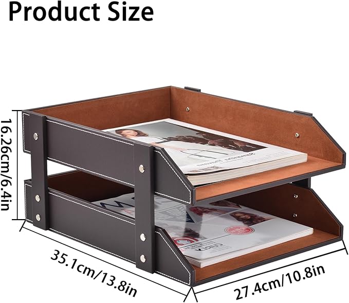 Leather Desk Organizer,2-Tier Stackable Letter Tray Holder,Office Supplies Desktop Storage Box for Document,Stationery,Magazines,Newspapers,Letters and Other Home Office Paper Sundries,Coffee-DeskLoop Office