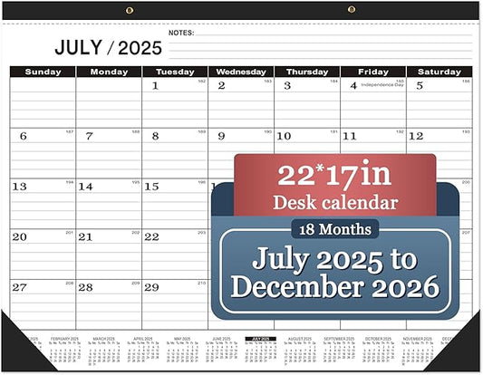 Desk Calendar 2025-2026 large 22 x17 (July 2025-December 2026) 2025-2026 Desk Calendar Large 22 x17,Classic Black Calendar 2025,Large Desktop Calendar 2026 with Plastic Cover-DeskLoop Office