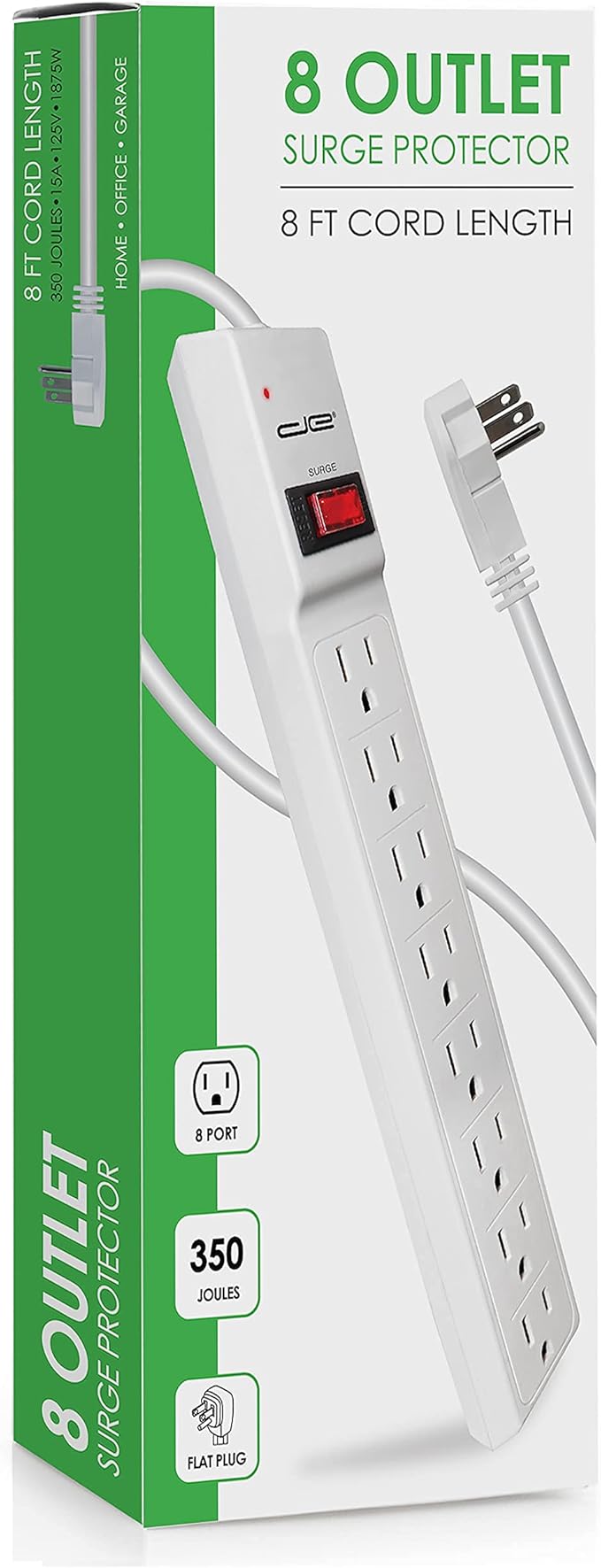Digital Energy 8 Outlet Surge Protector Power Strip - 15 AMP, 1875 W, 125 V, 350 J Surge Protection, ETL Listed - Flat Plug, White, 8 FT-DeskLoop Office
