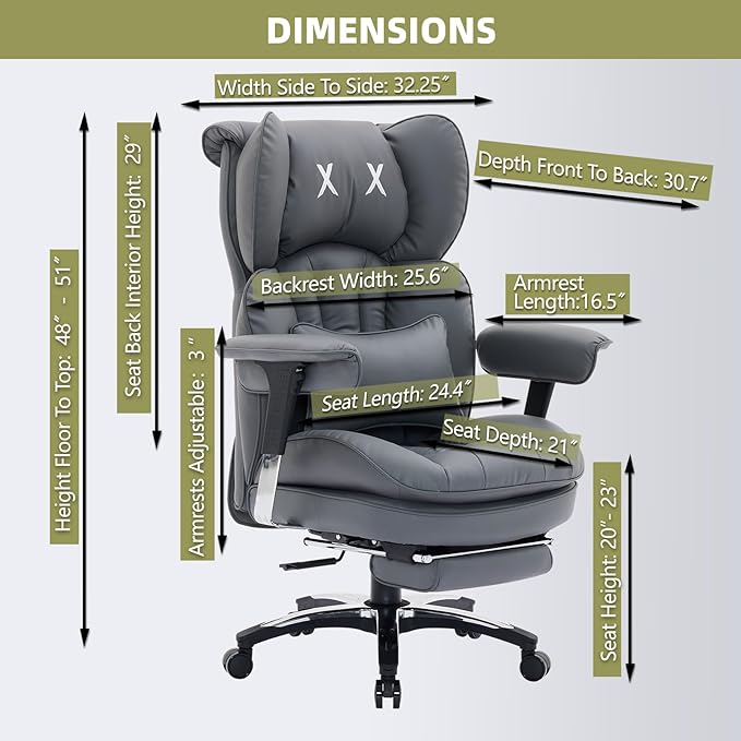 Efomao Big and Tall Office Chair with Footrest – High Back Computer Chair with Adjustable Armrests,Executive Office Chair with Wide Seat, Modern Desk Chair for Home Office, Gaming, or Study, Grey-DeskLoop Office