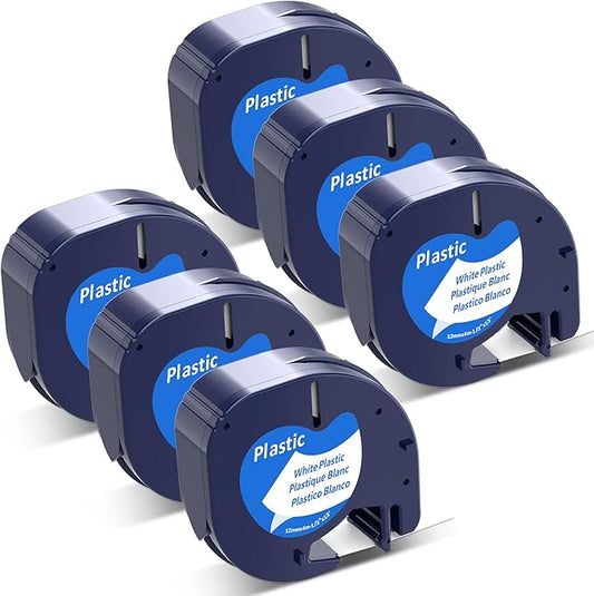 6-Pack Compatible with Dymo Letratag Refills 91331 White Plastic Label Maker Tape 12mm x 4m(1/2" x 13ft) Compatible with Dymo Label Maker Refills for Dymo Letra Tag 200B LT-100H 100T Plus-DeskLoop Office