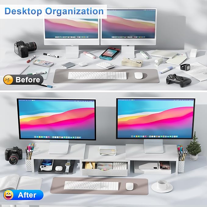 gianotter Dual Monitor Stand Riser, Desk Organizer With Drawer and 2 Pen Holders, Monitor Stand for Desk, Office Decor Essentials (White)-DeskLoop Office