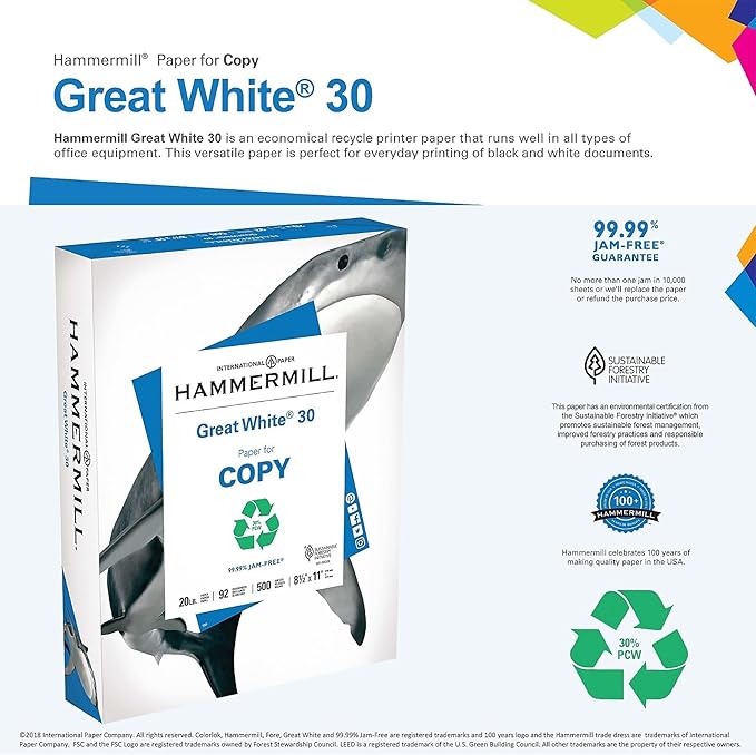 Hammermill Printer Paper, Great White 30% Recycled Paper, 3 Hole - 1 Ream (500 Sheets) - 92 Bright, Made in the USA, 086702-DeskLoop Office
