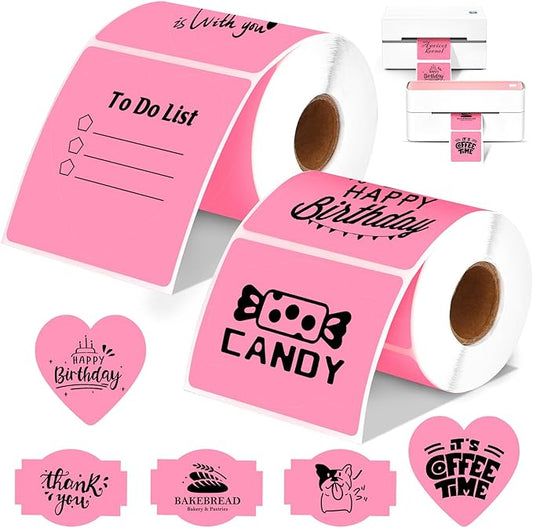 2 Rolls Pink Thermal Labels Personalized & Business Customized Label Stickers for Phomemo 241BT for MUNBYN 130B/RW402B Printers, 600Pcs Waterproof Shipping Label Sheet for Logo/Name/Thanks-DeskLoop Office