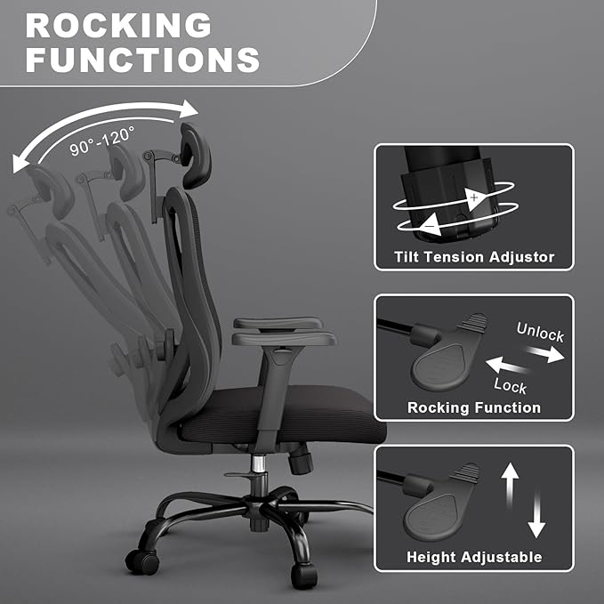 Ergonomic Office Chairs with Adjustable Headrest and Lumbar Support, High Back Mesh Home Computer Desk Chairs with 3D Armrest, 360° Swivel Wheels and Rocking Function, Black-DeskLoop Office