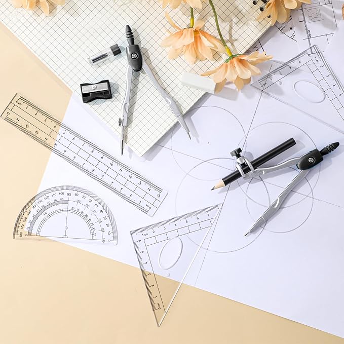 Zonon Math Geometry Set 10 Pcs Student Supplies with Shatterproof Storage Box, Includes Rulers Protractor Compass Pencil Sharpener Lead Refills Eraser Pencil for Drafting and Drawings (Black)-DeskLoop Office
