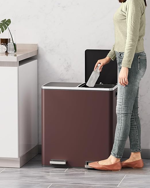 AthLike 60L(16 Gal) Dual Trash Can, Stainless Steel Kitchen Garbage Can, Double Compartment Classified Rubbish Bin, Recycle Dustbin w/Plastic Inner Buckets, Handle, Soft-Close Lid, Airtight, Brown-DeskLoop Office