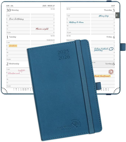 POPRUN Pocket Planner 2025-2026 (Purse Size 4'' x 6.25'') Academic Small Calendar (July 2025 - June 2026) with Hourly Time Slots, 100GSM Thick Papers, Leather Soft Cover - Night Sky Blue-DeskLoop Office
