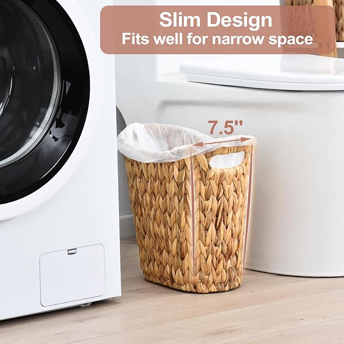 FairyHaus Wicker Trash Can with Handles, Natural Water Hyacinth Wicker Waste Basket, Handwoven Wicker Trash Basket for Bathroom Bedrooms, 13" L x 7.5" W x 12.2" H-DeskLoop Office