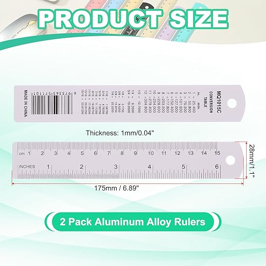 PATIKIL 15cm/6" Metal Ruler, 2 Pack Aluminum Alloy Rulers with Centimeters, Millimeters, Inches and Conversion Table Straight Edge Ruler for Writing Machinist Drafting, Purple-DeskLoop Office