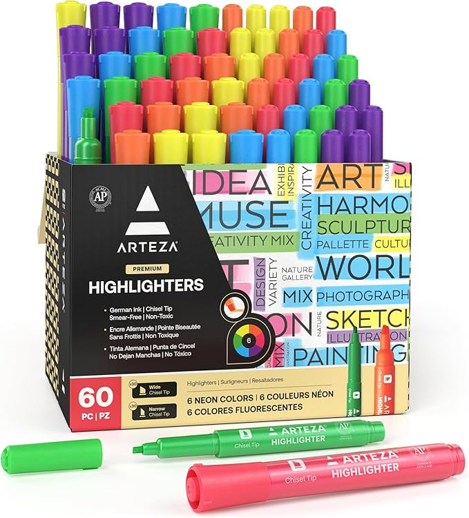 ARTEZA Highlighters Assorted Colors, Set of 60, Wide & Narrow Chisel Tip Pens-DeskLoop Office