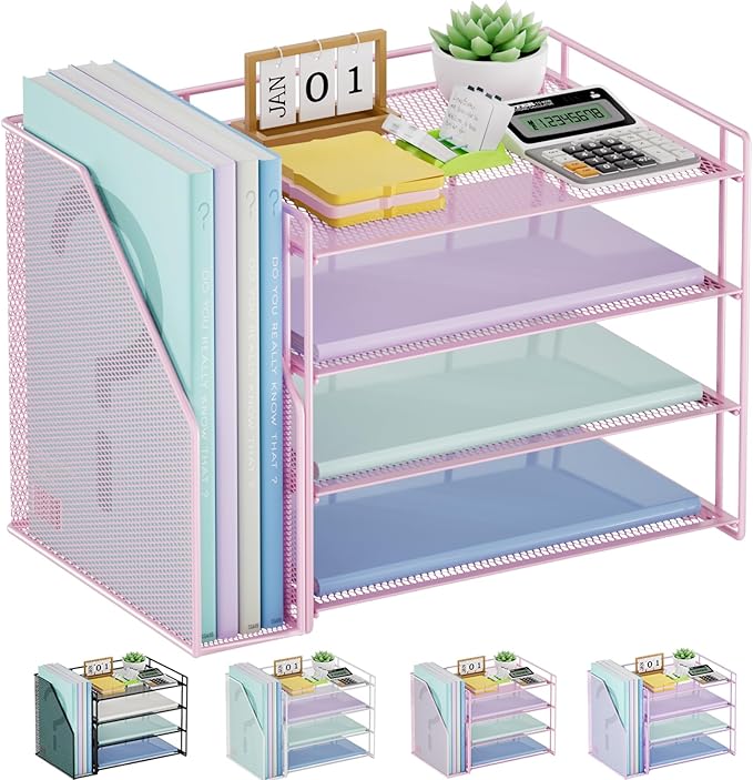 Marbrasse Desk Organizer and Accessories,4-Tier Paper Letter Tray Organizer with File Holder,Desk Accessories & Workspace Desktop Organizers for School Home Office Supplies (Pink)