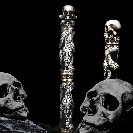 Jinhao Black Snake Fountain Pen Bent Nib Fude Pen with Skull Head Solid Metal-DeskLoop Office