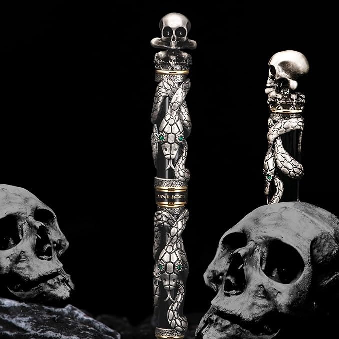 Jinhao Black Snake Fountain Pen Medium Nib Retro Style with Skull Head Solid Metal and Paper Pen Case Set-DeskLoop Office