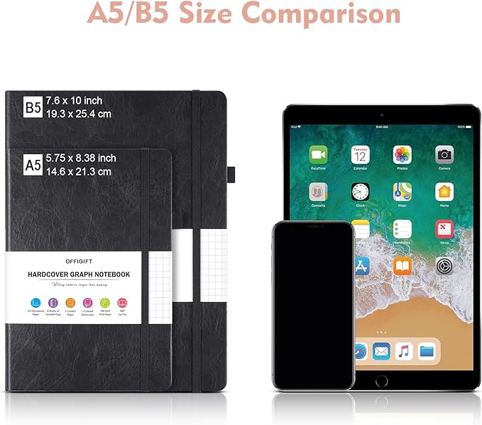 Graph Paper Notebook, 312 Numbered Pages B5 Hardcover Leather Journal, 100gsm No Bleed Grid Paper Notebook with Index Pages, Grid Notebook for Graphing Notes Math, 7.6'' X 10'', Pink-DeskLoop Office