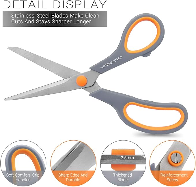 Scissors 8" Multipurpose Titanium Coated Sturdy Sharp Scissors Right/Left Handed Comfort-Grip Handles for Office Home School Sewing Fabric Craft Supplies Gray-DeskLoop Office